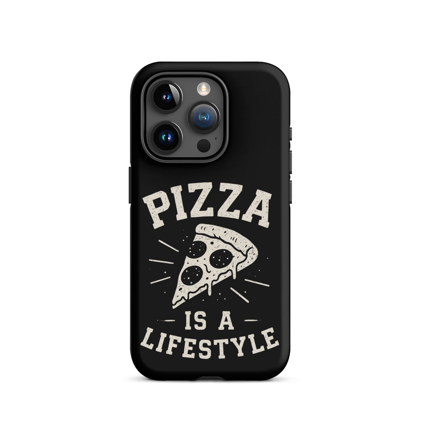 Black phone case with pizza design and text on a white background
