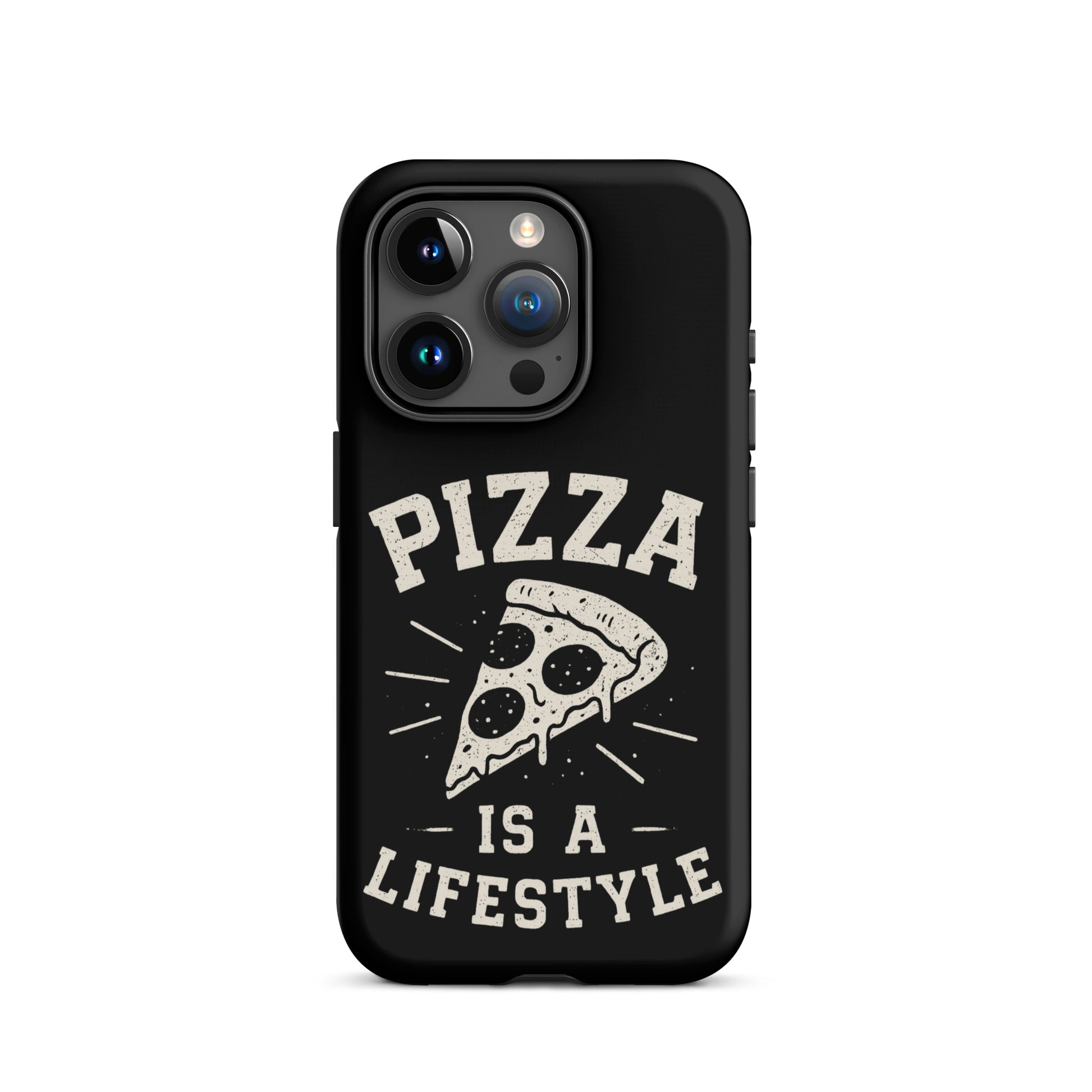 Black phone case with pizza design and text on a white background