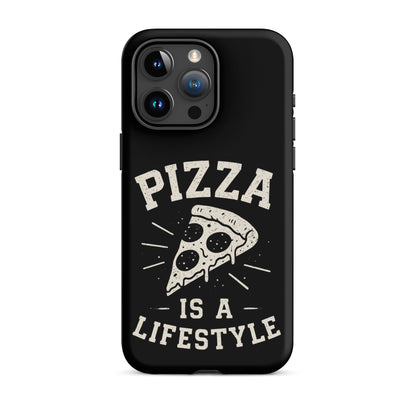 Black phone case with 'Pizza is a Lifestyle' design on a white background