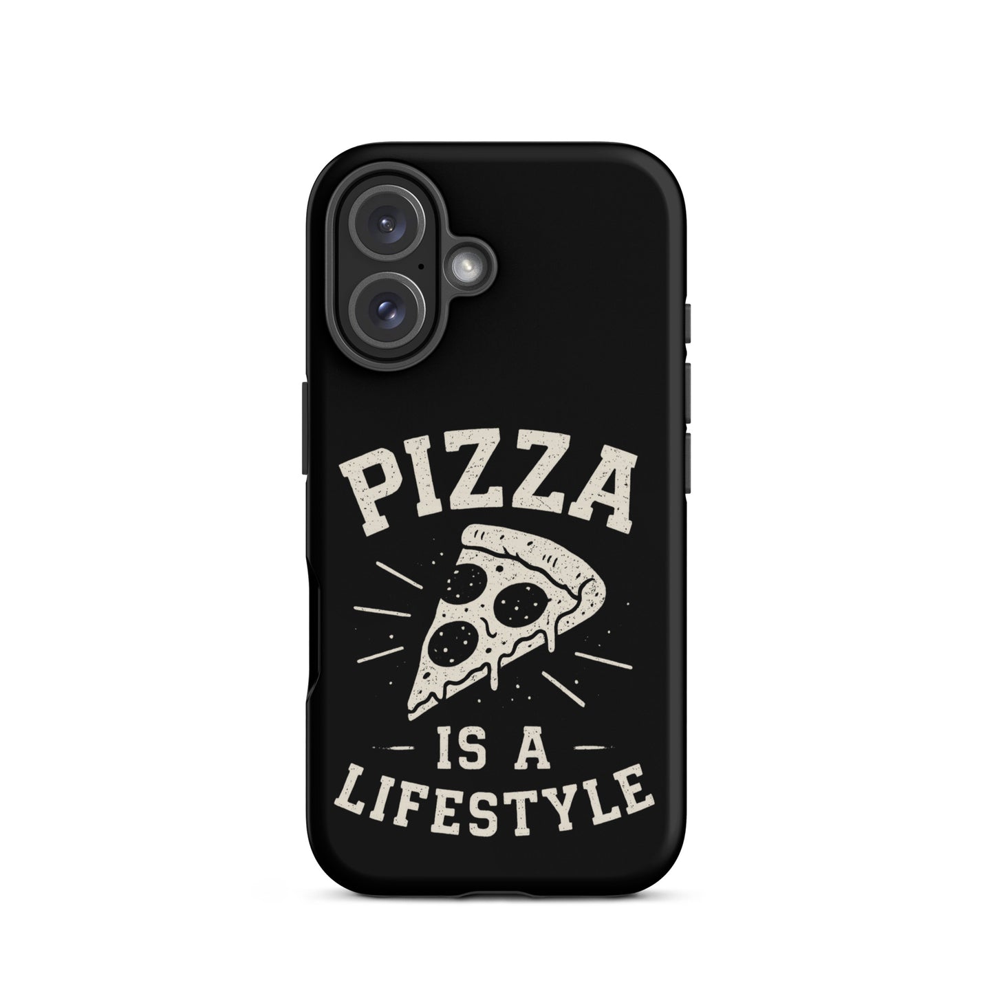 Black phone case with 'Pizza is a Lifestyle' design on a white background