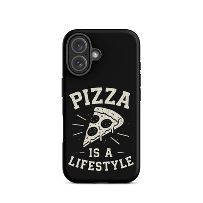 Black phone case with 'Pizza is a Lifestyle' design on a white background