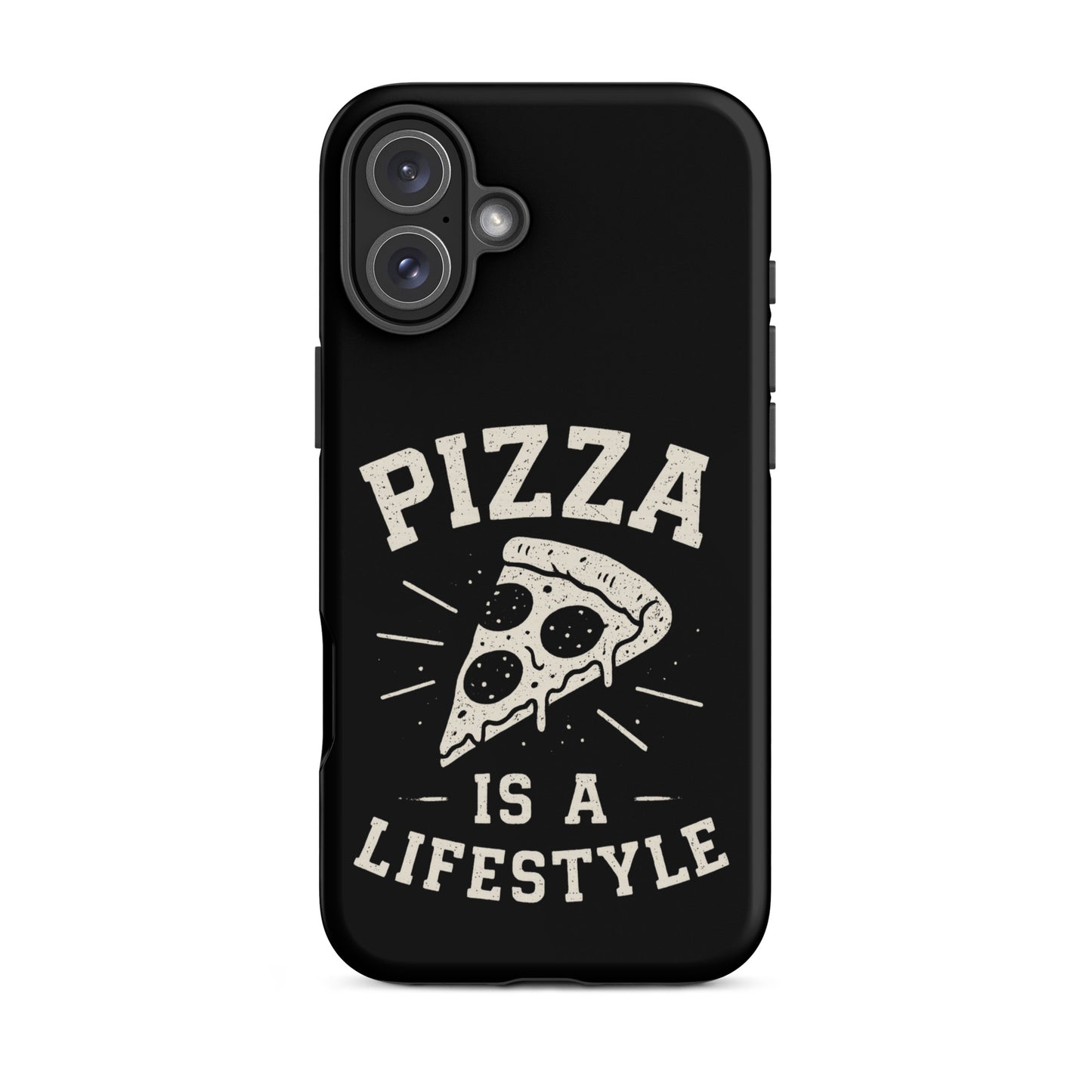 Phone case with 'Pizza is a Lifestyle' design on a black background