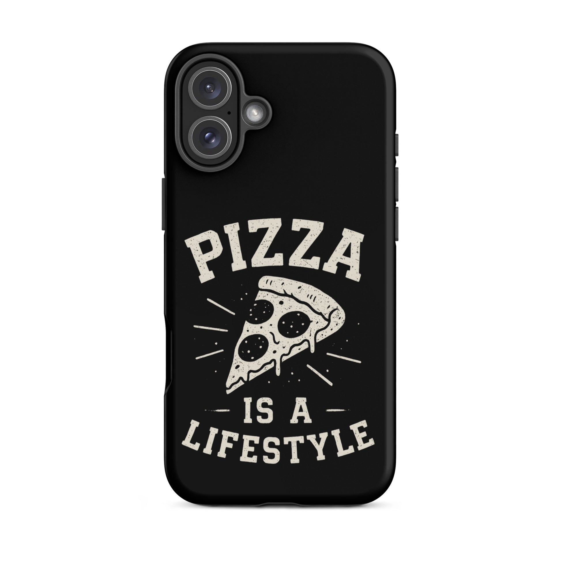 Phone case with 'Pizza is a Lifestyle' design on a black background