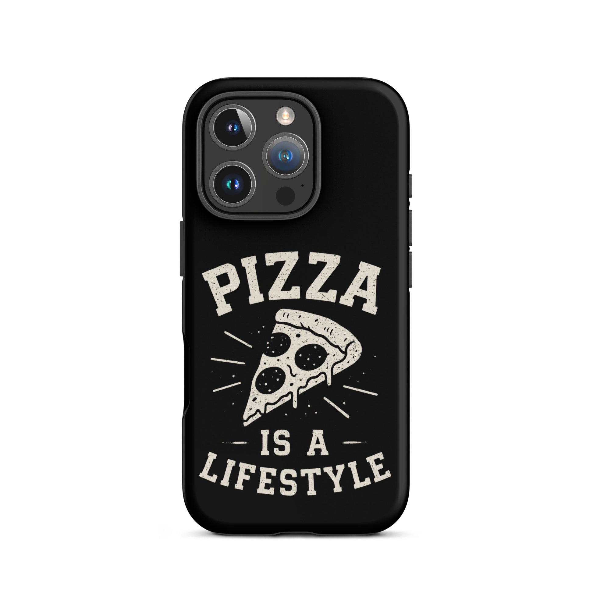 Black phone case with 'Pizza is a Lifestyle' design on a white background