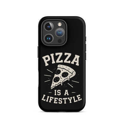 Black phone case with 'Pizza is a Lifestyle' design on a white background