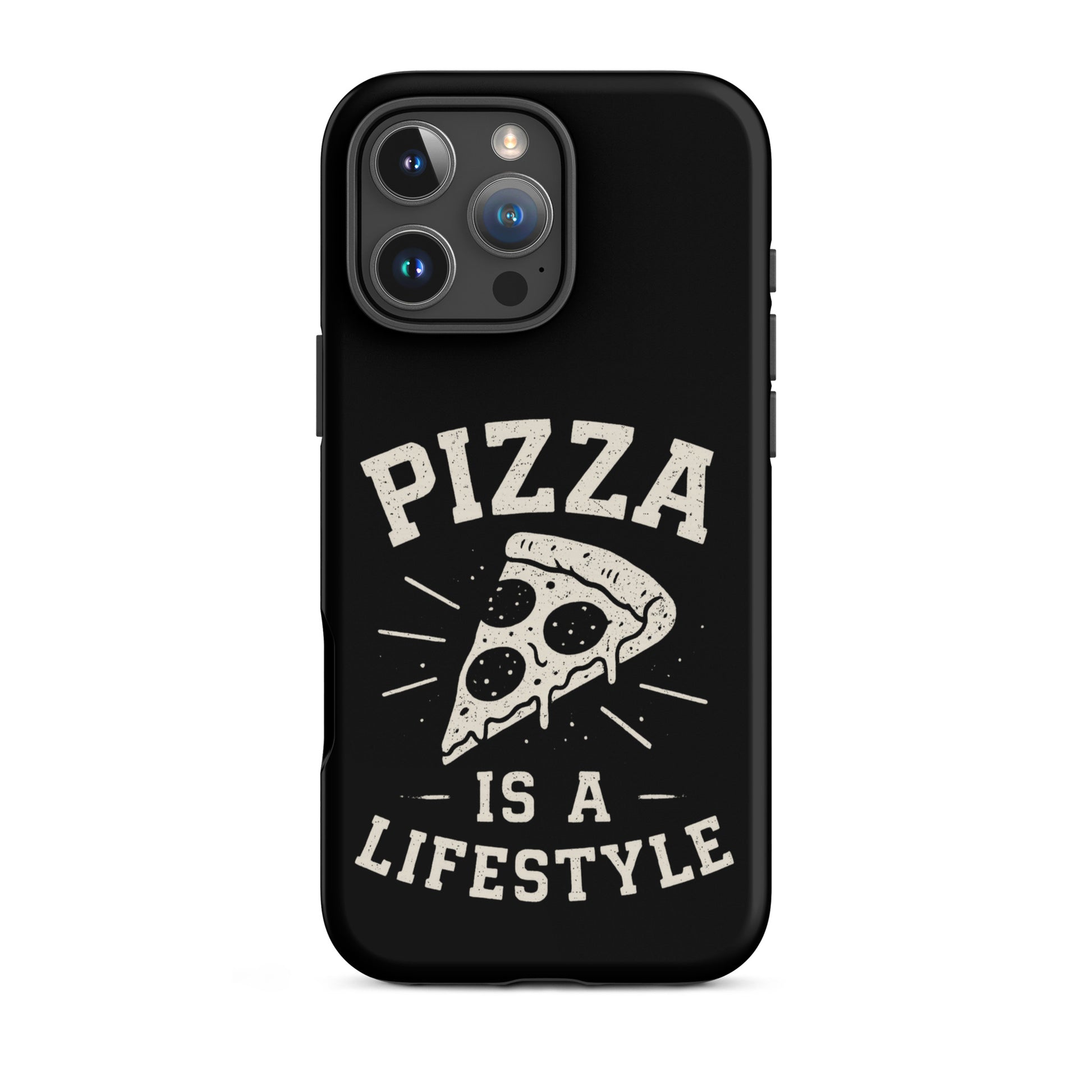 Phone case with 'Pizza is a Lifestyle' text and pizza slice graphic on a black background