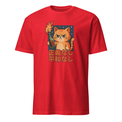 Red t-shirt with a graphic of a cat holding a bottle and a flame, on a white background