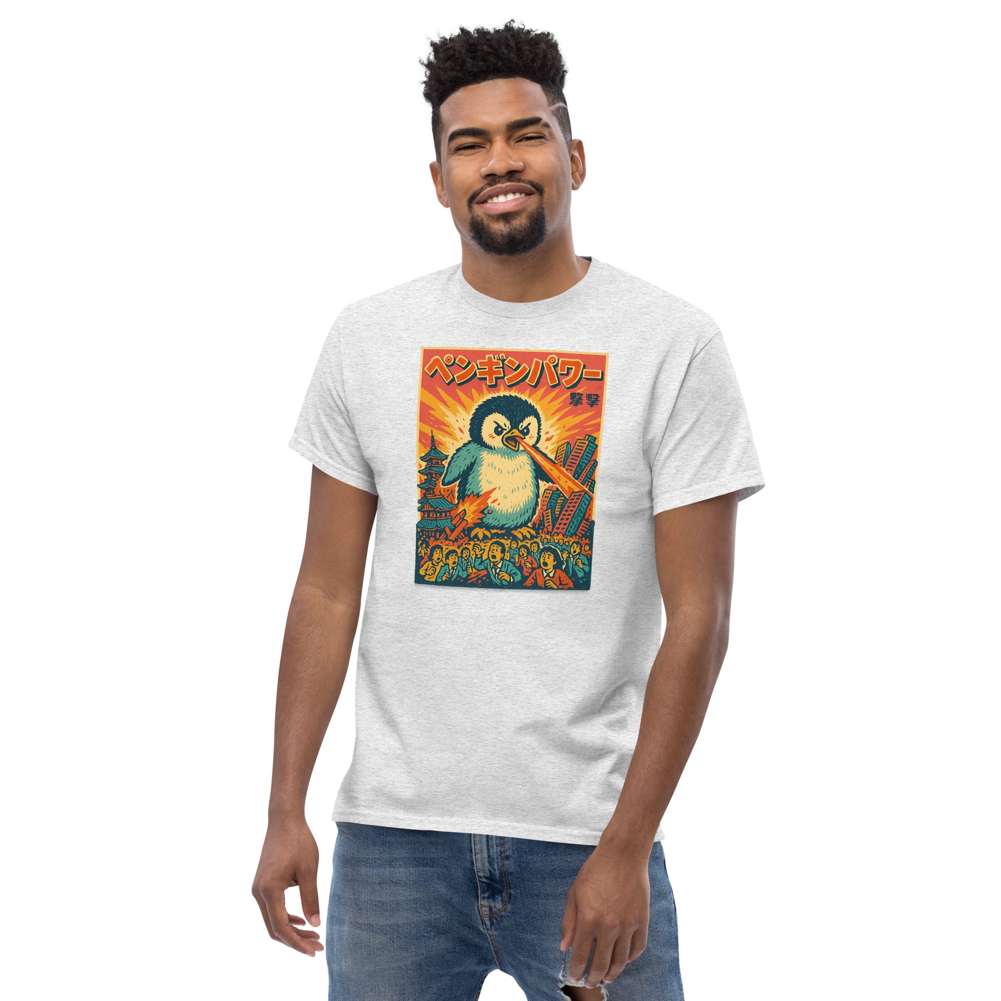 Man wearing a white t-shirt with a colorful penguin graphic design on a white background