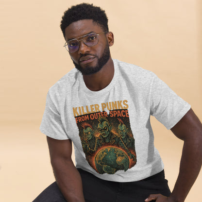 Man wearing a t-shirt with 'Killer Punks from Outer Space' graphic design on a beige background