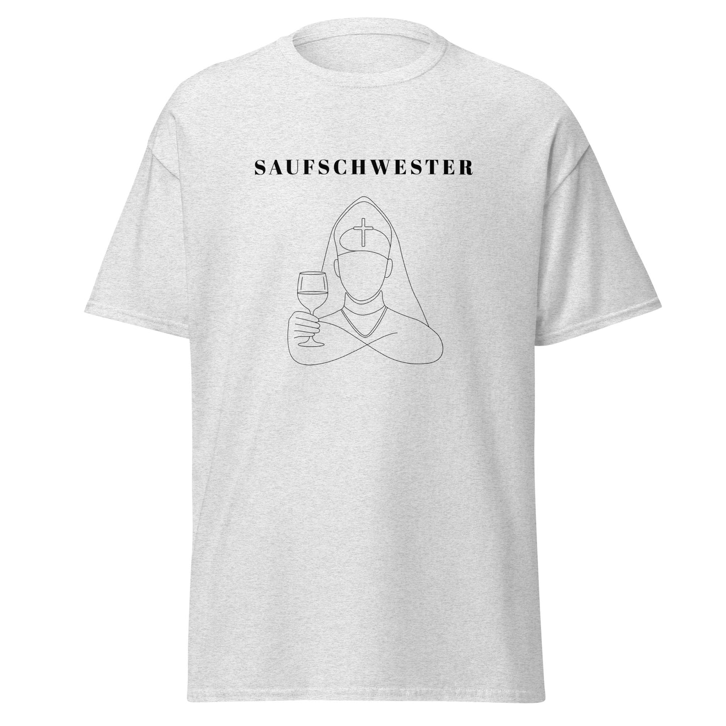 White t-shirt with black graphic design and text on a white background