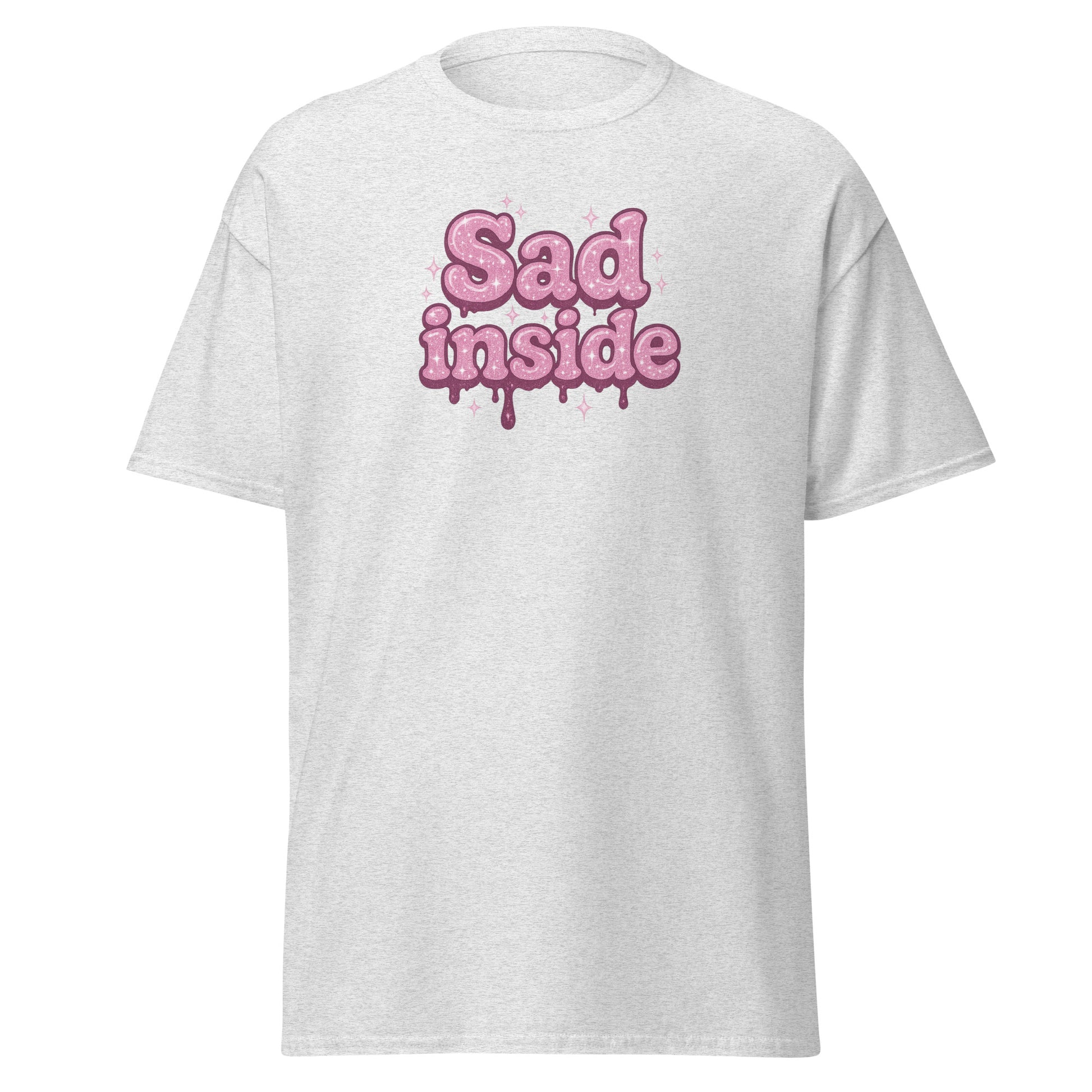 White t-shirt with pink 'Sad inside' text on a white background