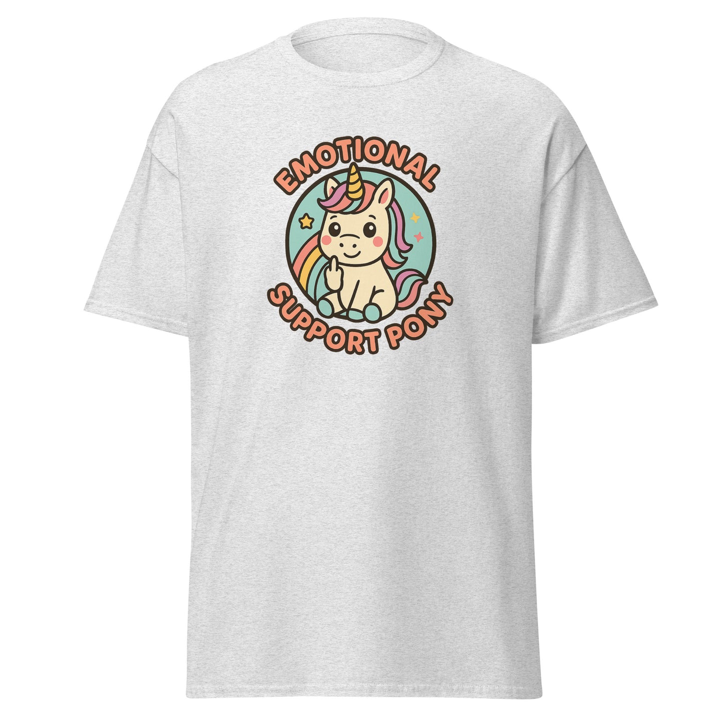 White t-shirt with a colorful unicorn graphic and text on a white background