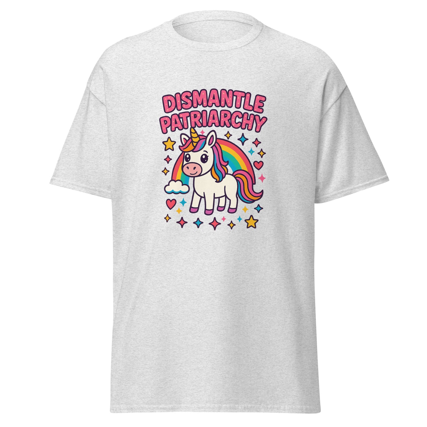 White t-shirt with a unicorn graphic and 'Dismantle Patriarchy' text on a white background
