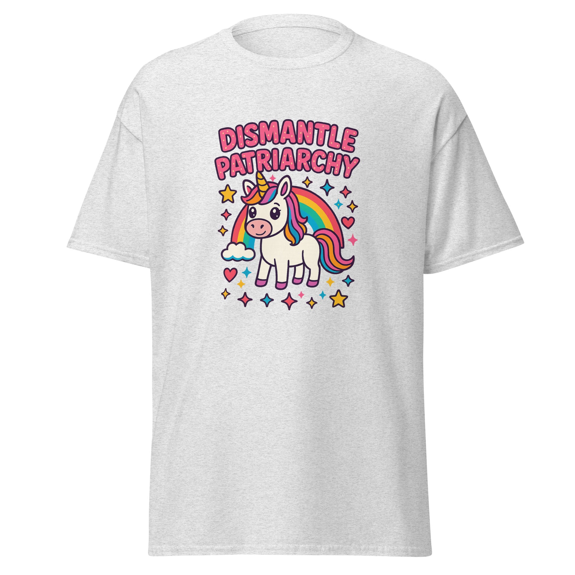White t-shirt with a unicorn graphic and 'Dismantle Patriarchy' text on a white background