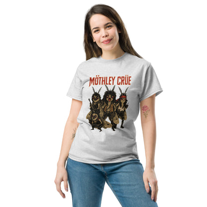 woman wearing white Unisex Mothley Crüe t-shirt with chaotic rock parody design, front view