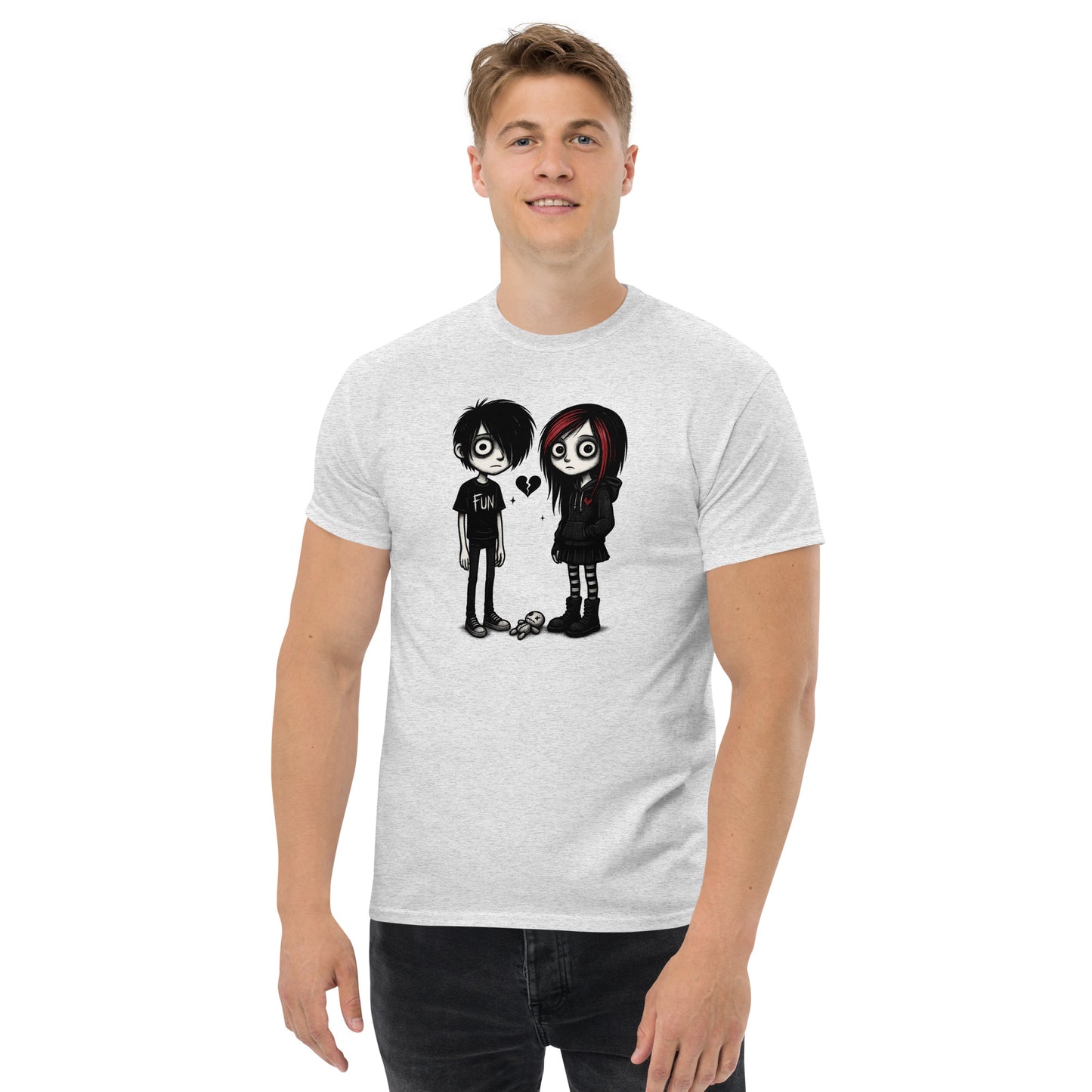 Person wearing a white t-shirt with cartoon characters on a white background