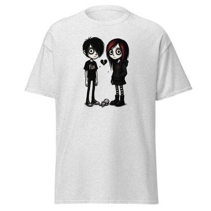 White t-shirt with cartoon characters and text on a white background