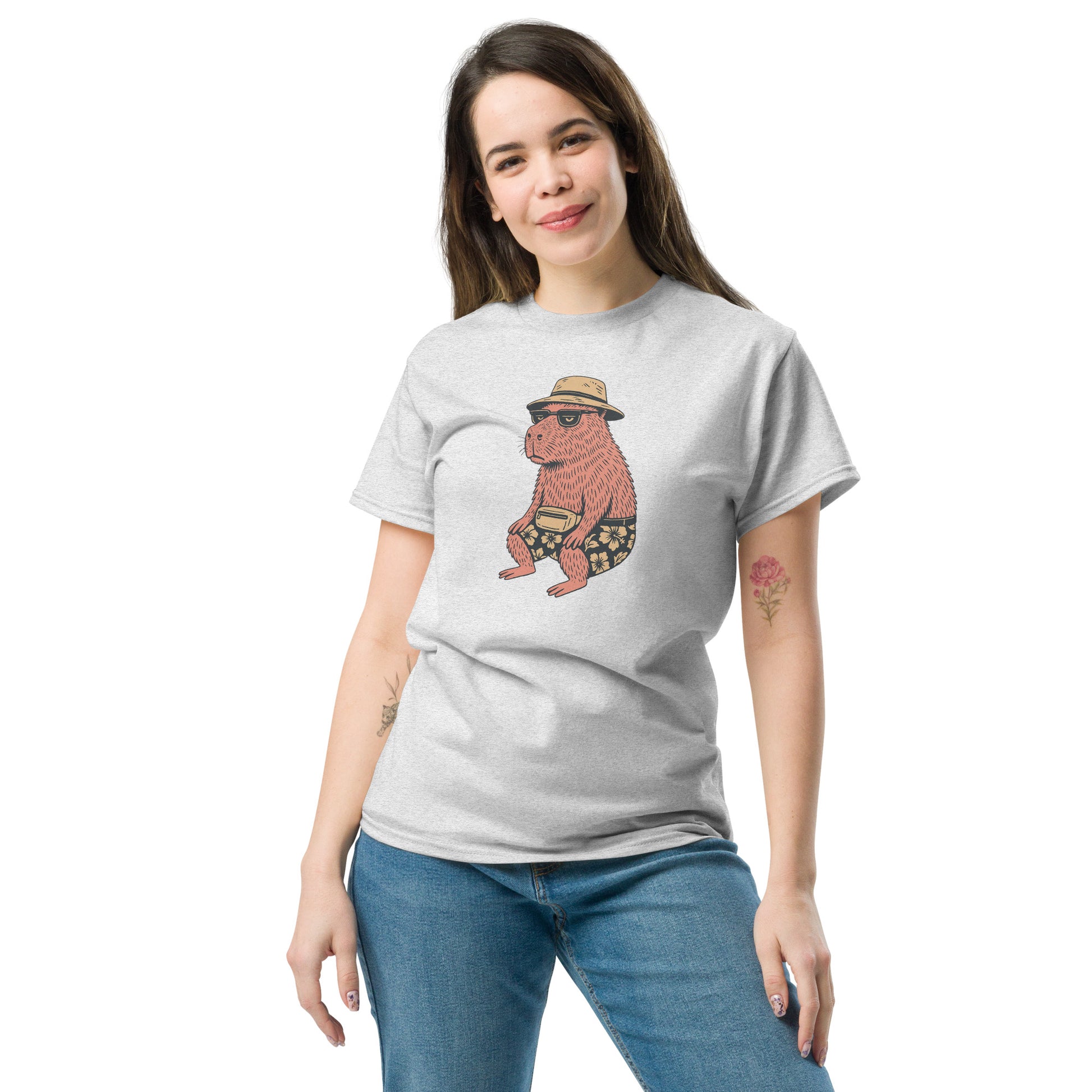 woman wearing white Unisex Happybara t-shirt with quirky animal design, front view
