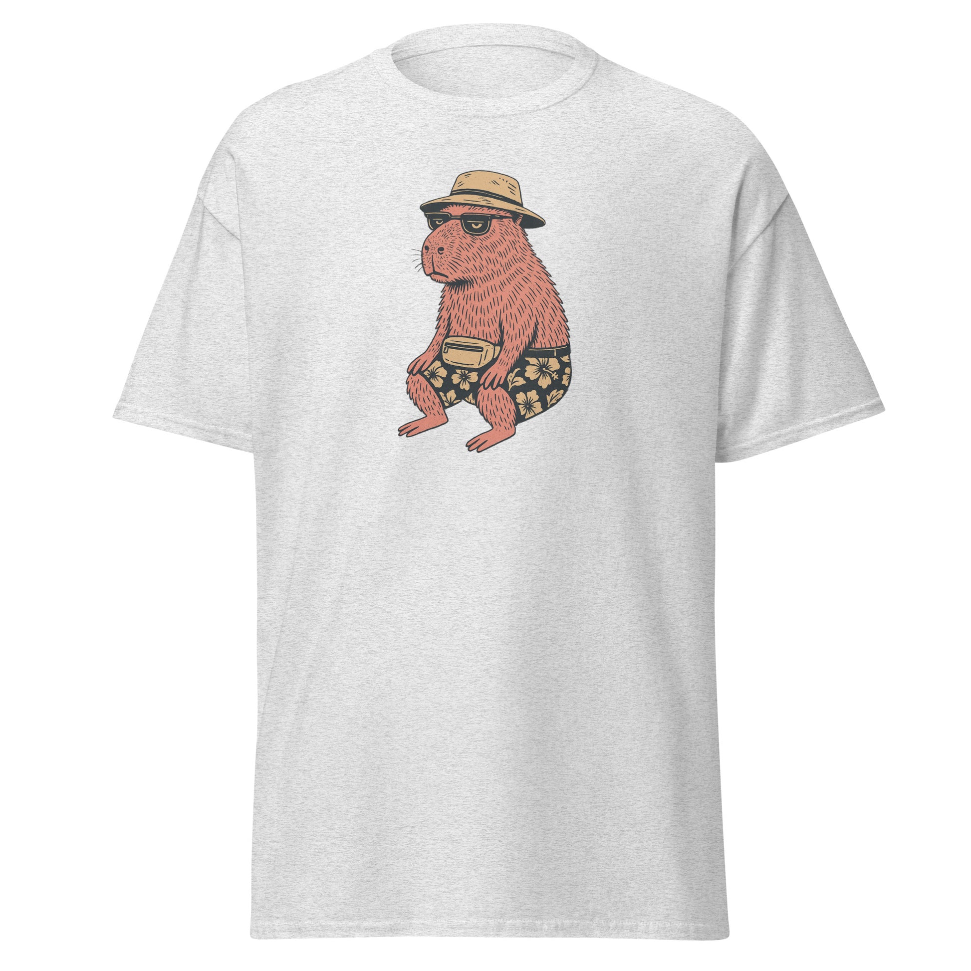 white Unisex Happybara t-shirt with quirky animal design, front view