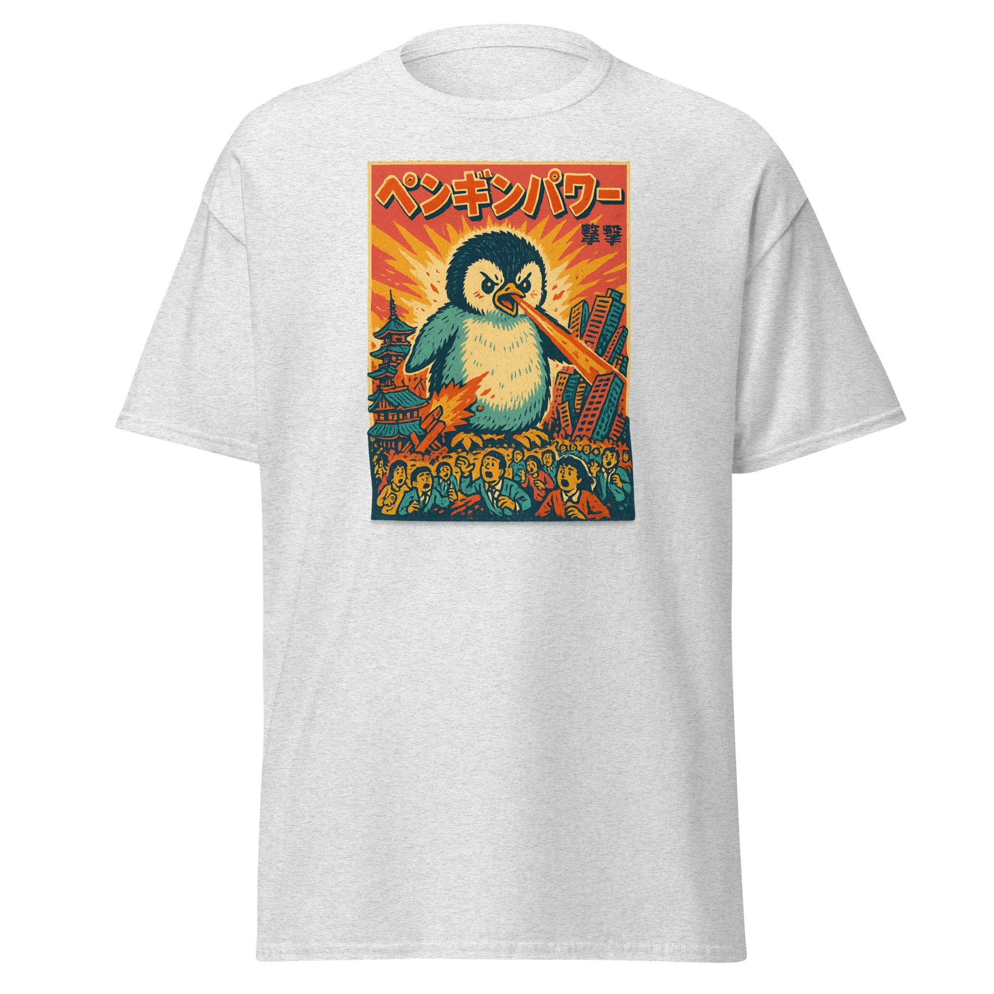 White t-shirt with a colorful penguin graphic and text on a white background