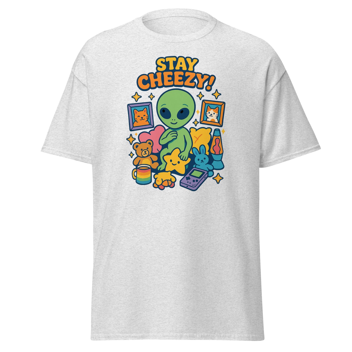 White t-shirt with colorful graphic design featuring an alien and text 'Stay Cheezy!' on a white background.