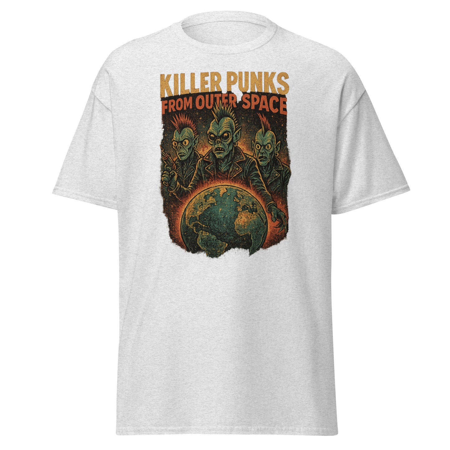 White t-shirt with alien graphic and 'Killer Punks from Outer Space' text on a white background