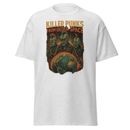 White t-shirt with alien graphic and 'Killer Punks from Outer Space' text on a white background