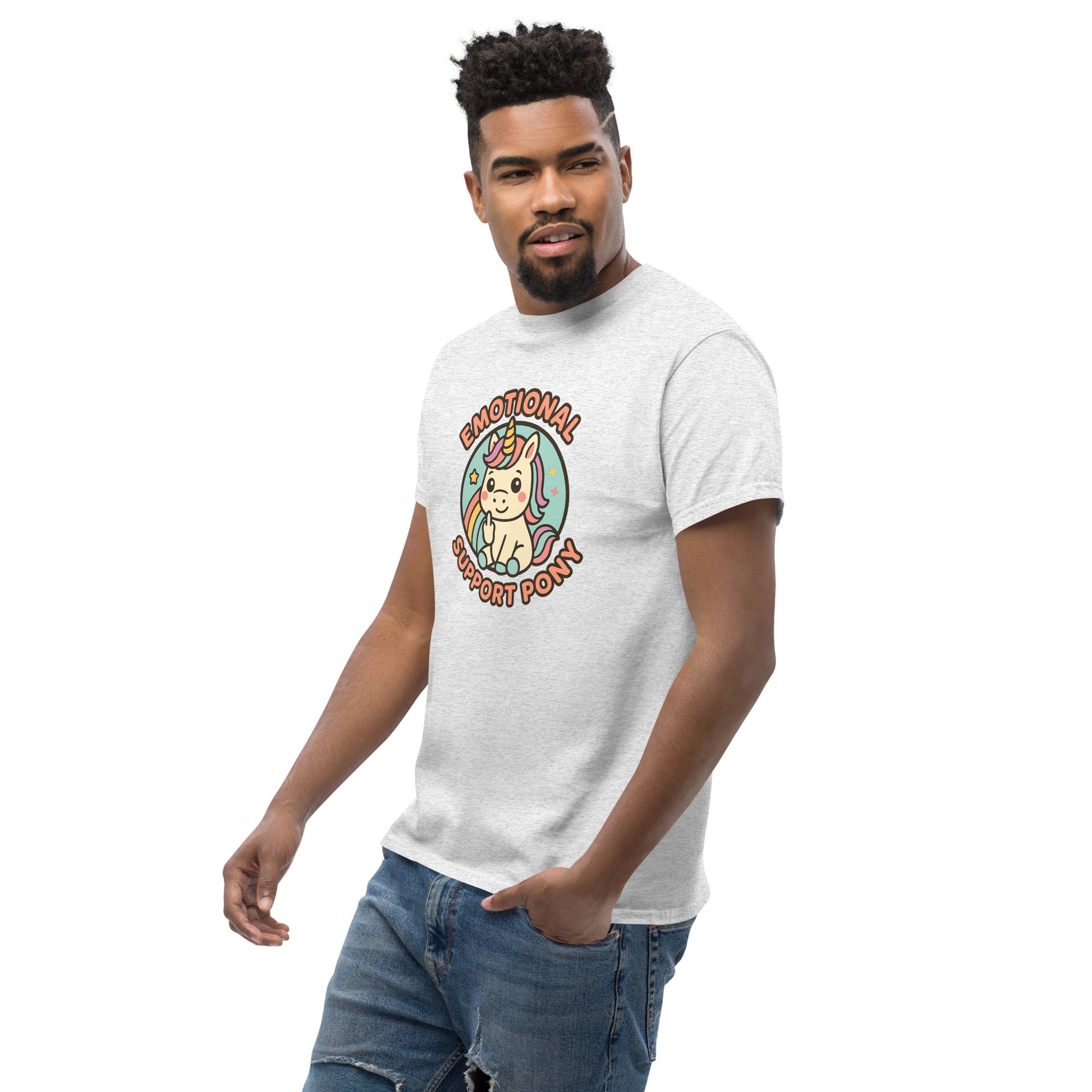 Man wearing a white t-shirt with a colorful graphic design on a white background