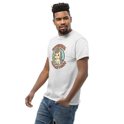 Man wearing a white t-shirt with a colorful graphic design on a white background