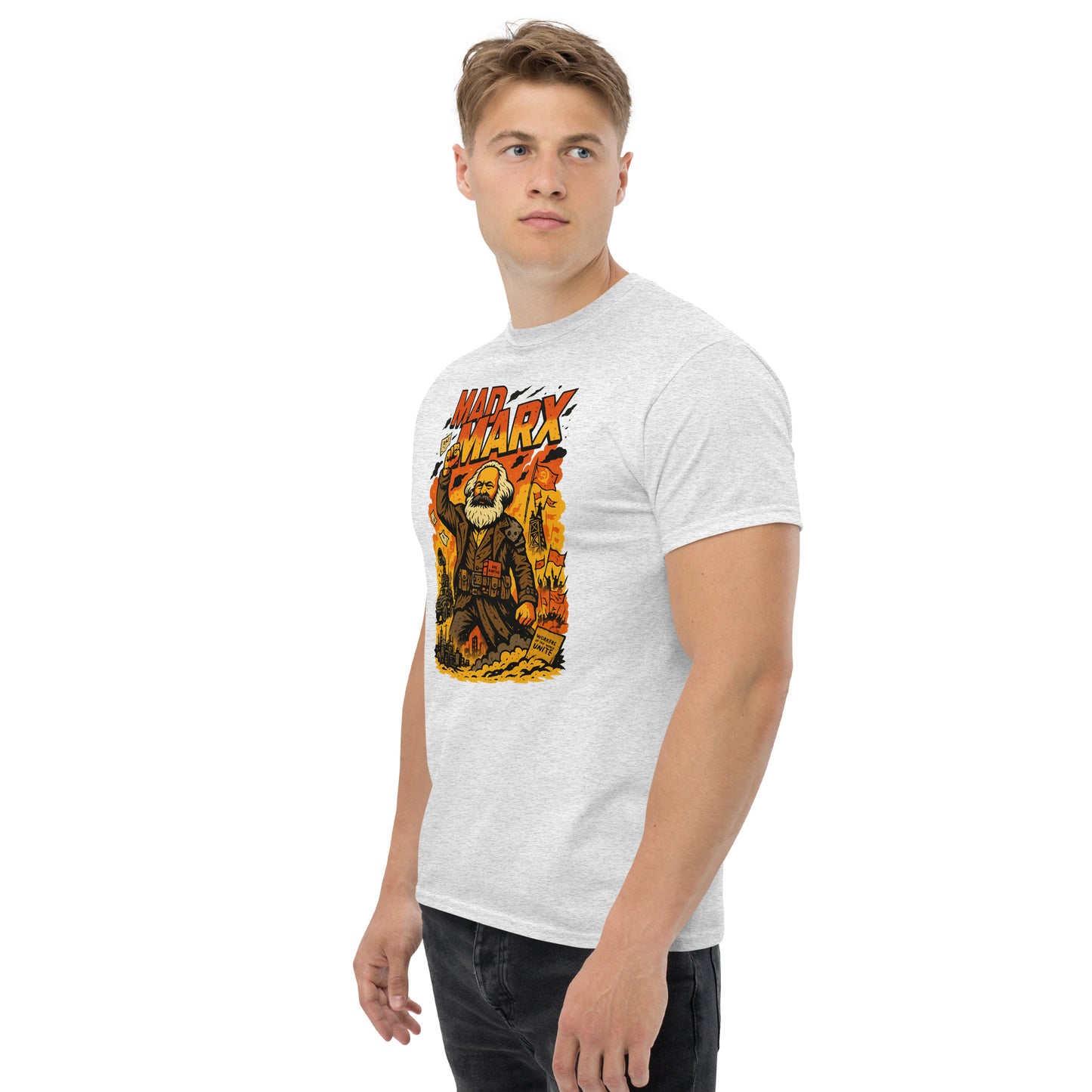 Person wearing a white t-shirt with a graphic design on a white background