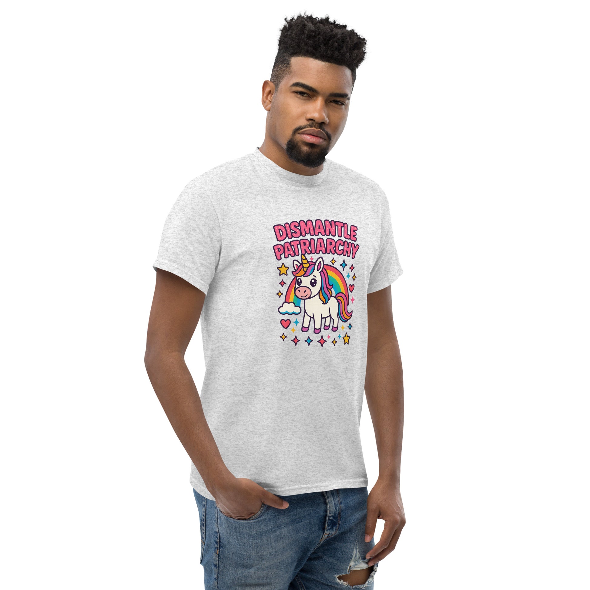 Man wearing a white t-shirt with a unicorn graphic and text on a white background