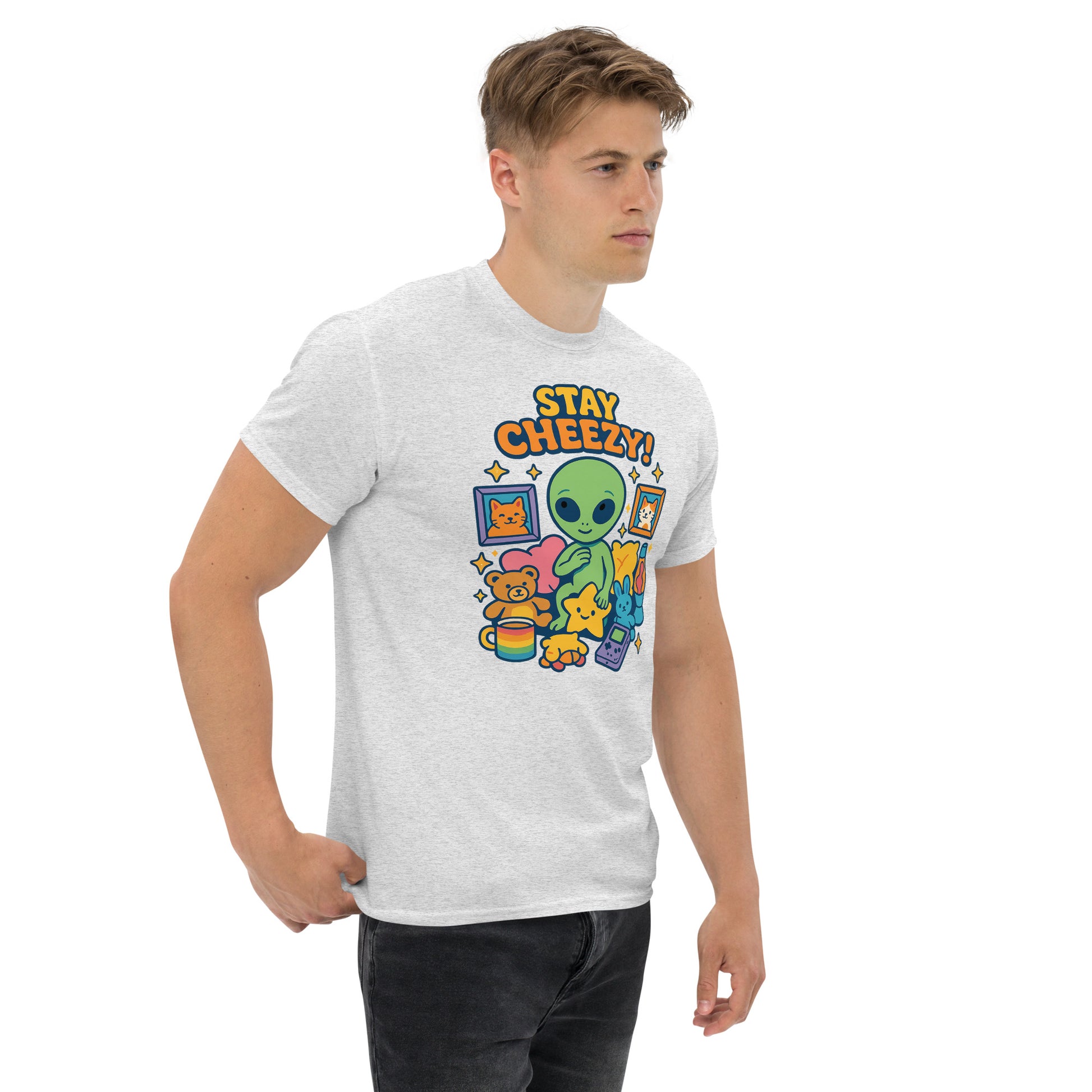 Person wearing a white t-shirt with colorful graphics and text on a white background