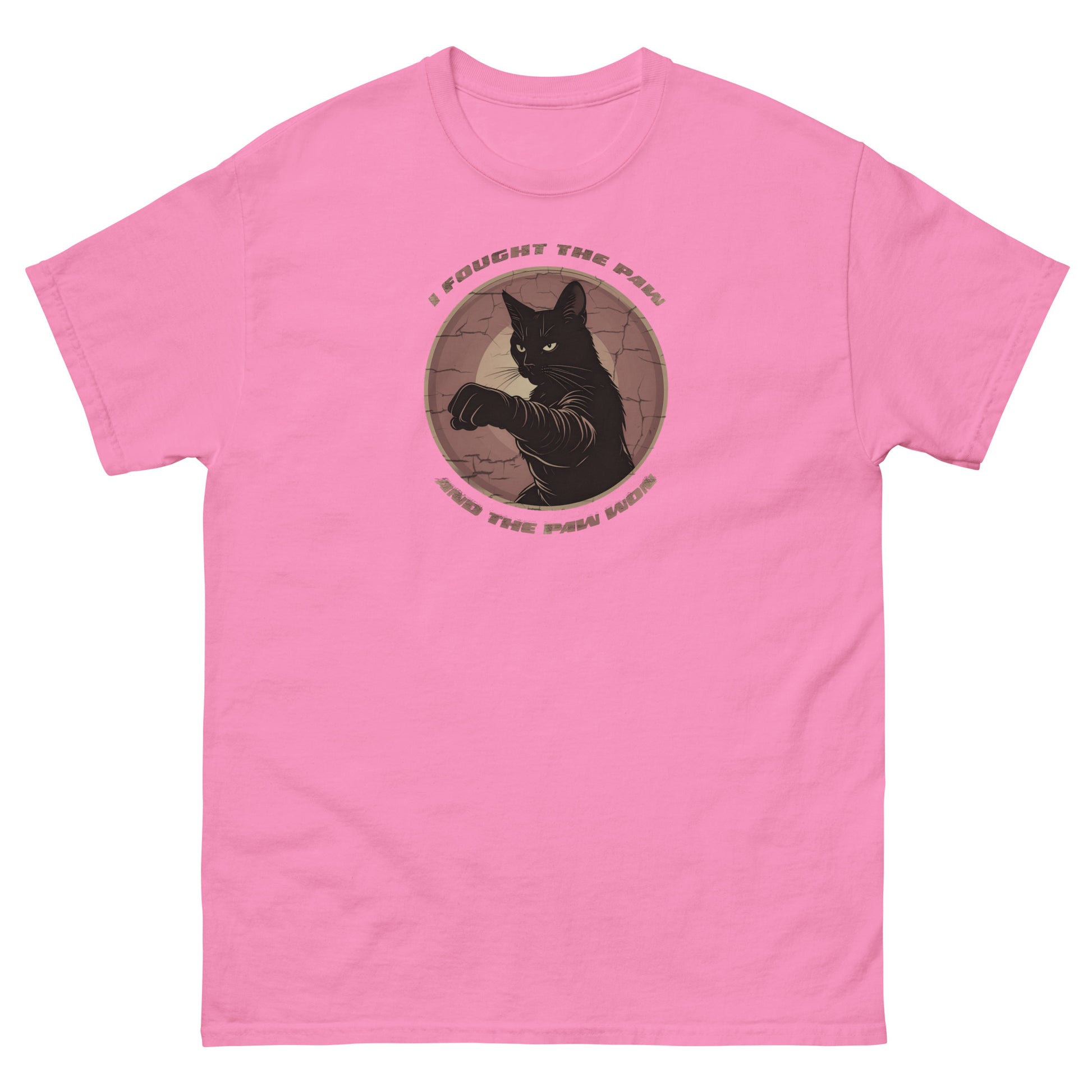 Pink t-shirt with a black cat graphic and text on a white background