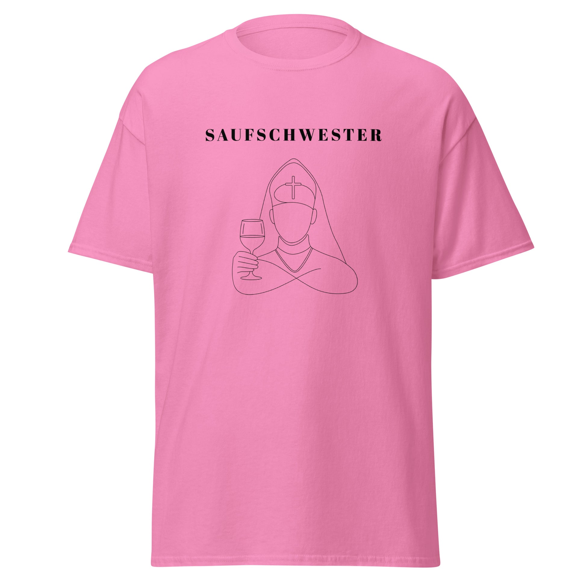 Pink t-shirt with graphic design and text on a white background