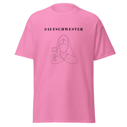 Pink t-shirt with graphic design and text on a white background