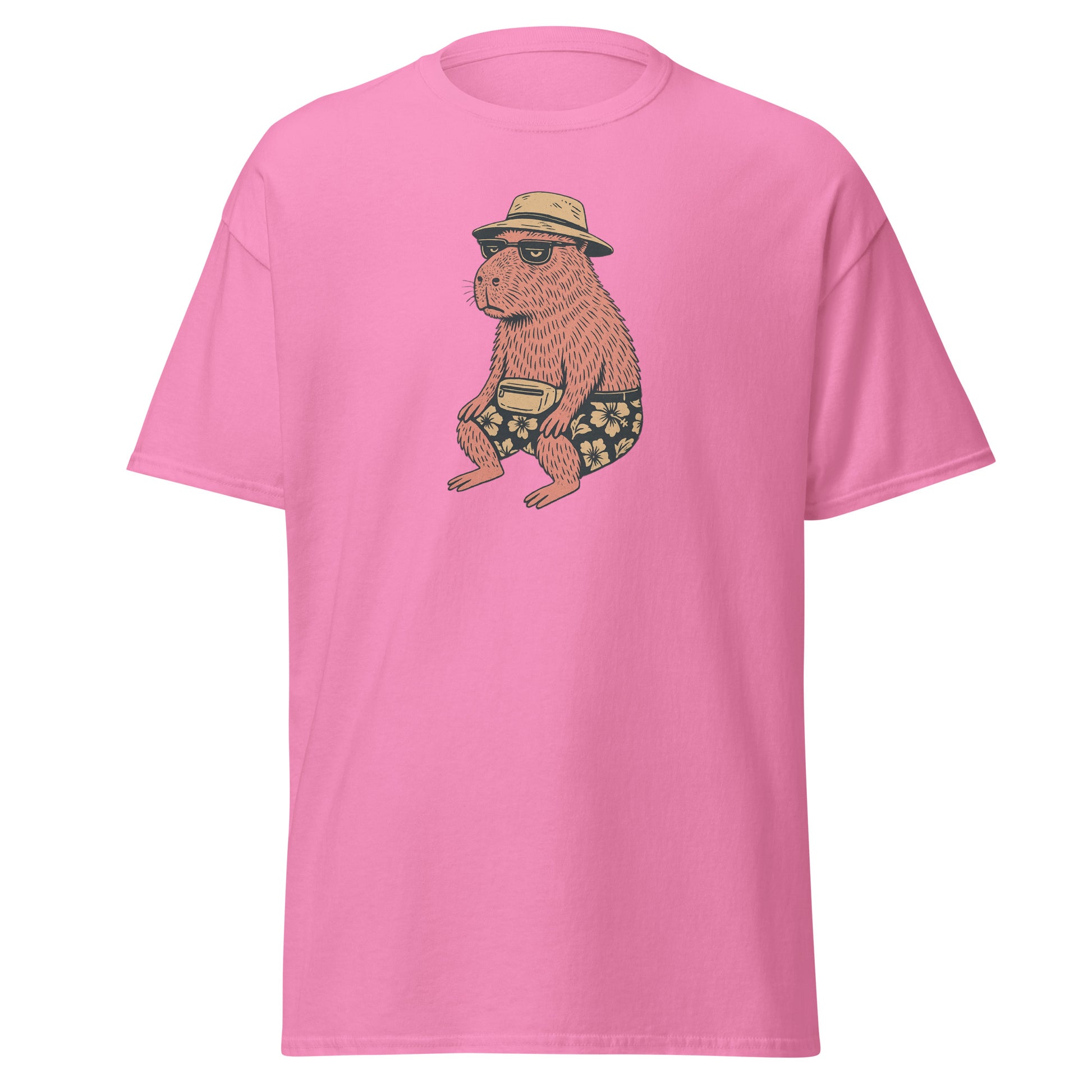 Pink Unisex Happybara t-shirt with quirky animal design, front view