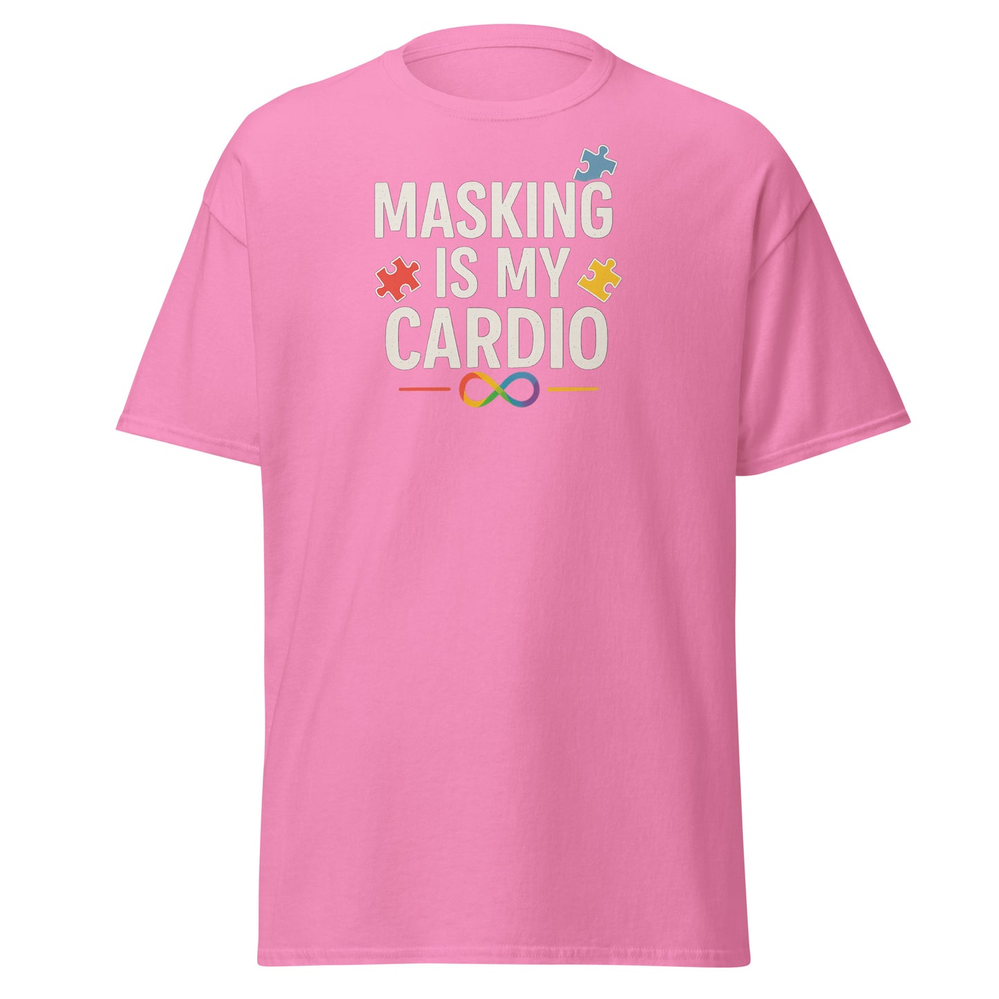 Pink t-shirt with text 'Masking is my Cardio' on a white background