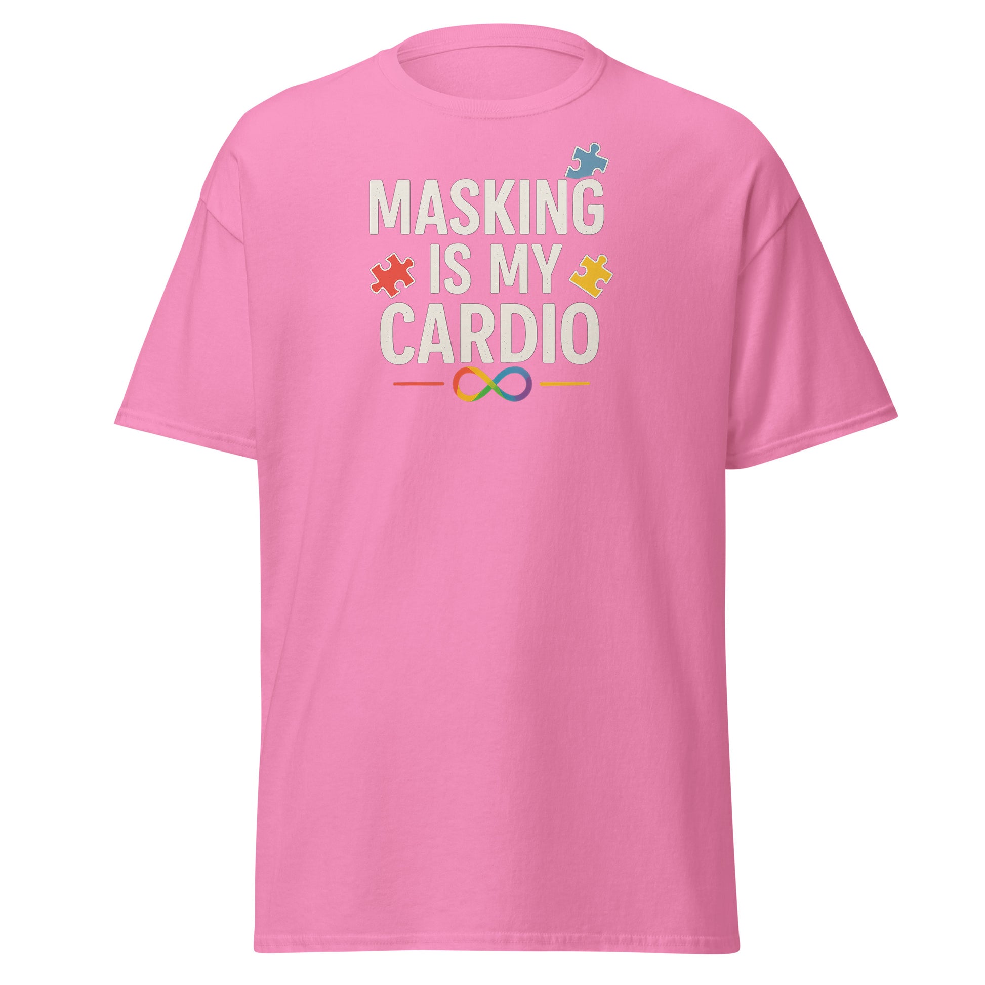 Pink t-shirt with text 'Masking is my Cardio' on a white background