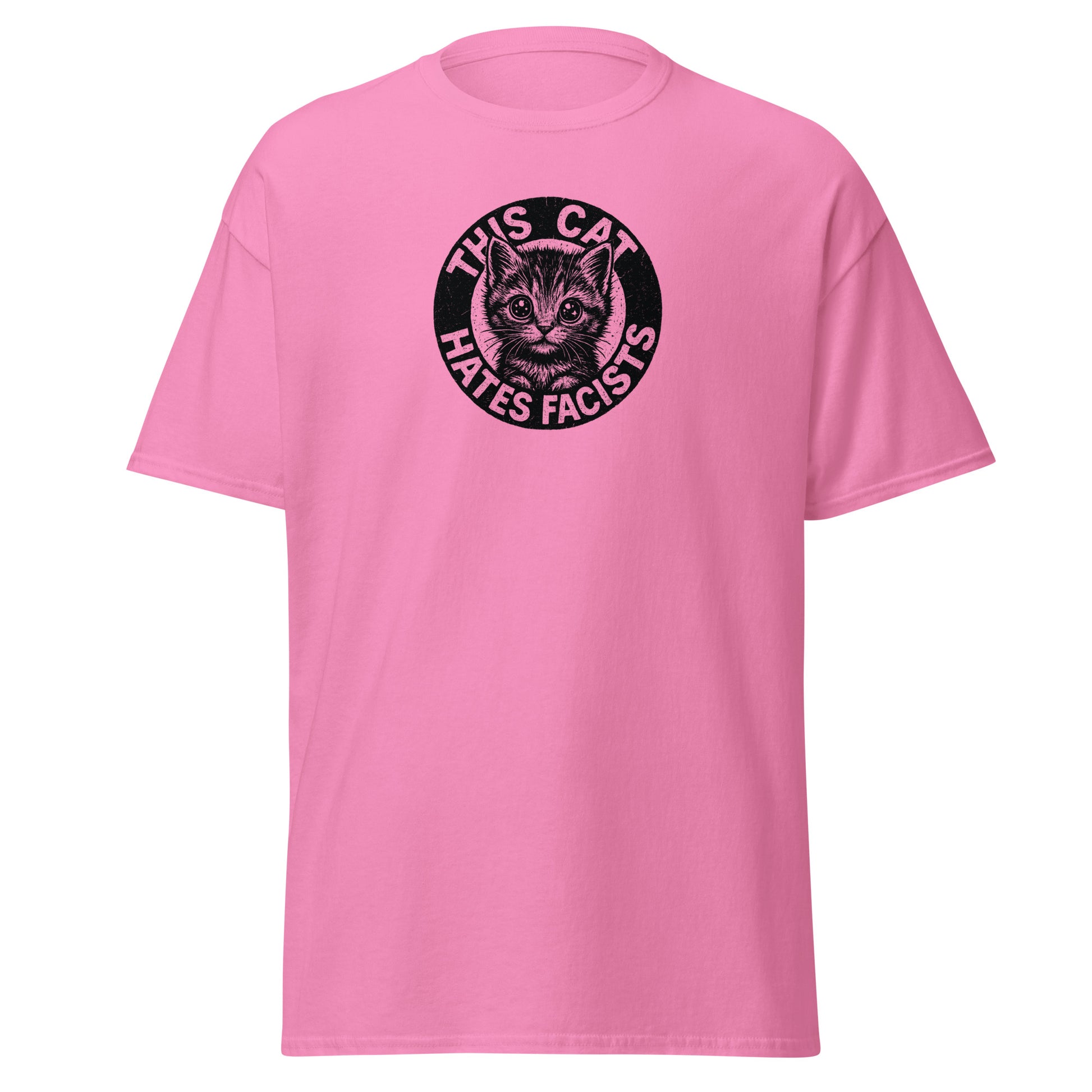 Pink t-shirt with a graphic of a cat and text on a white background