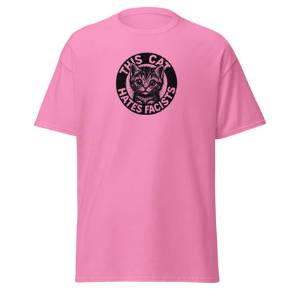 Pink t-shirt with a graphic of a cat and text on a white background