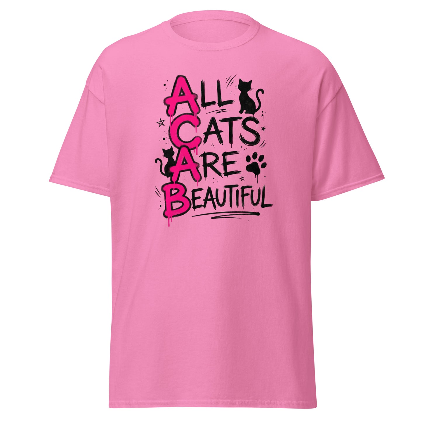 Pink t-shirt with 'All Cats Are Beautiful' text and cat graphics on a white background