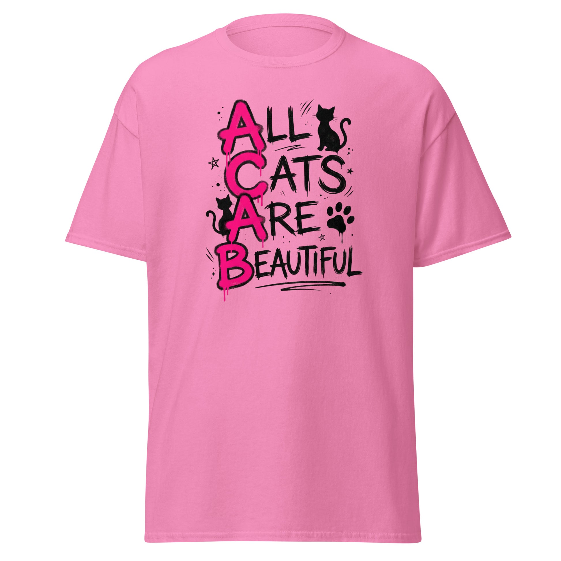 Pink t-shirt with 'All Cats Are Beautiful' text and cat graphics on a white background