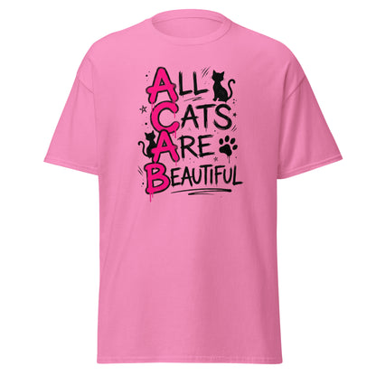 Pink t-shirt with 'All Cats Are Beautiful' text and cat graphics on a white background