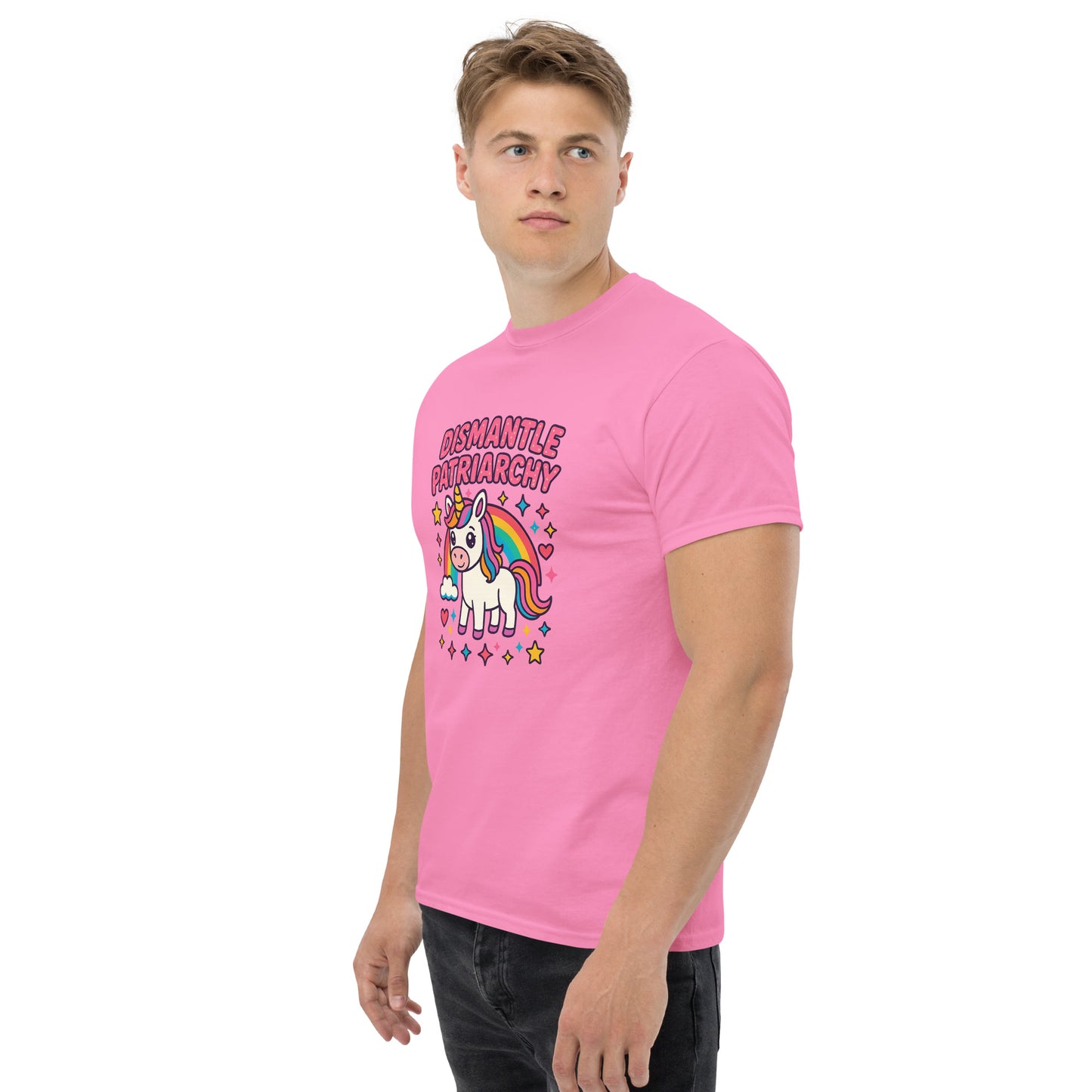 Person wearing a pink t-shirt with a unicorn graphic and text on a white background