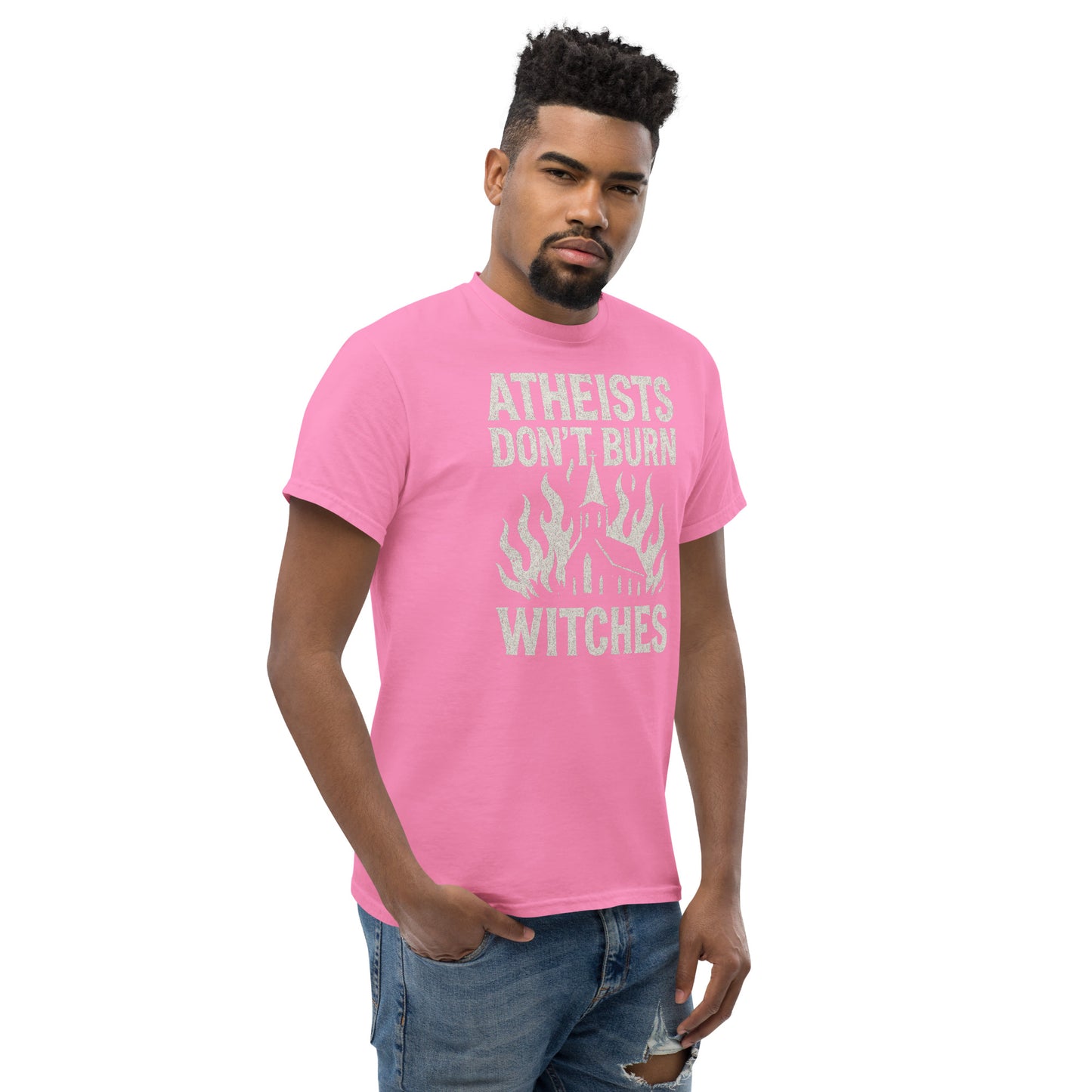 Man wearing a pink t-shirt with text and flames design on a white background