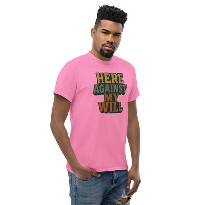 Man wearing a pink t-shirt with text on a white background