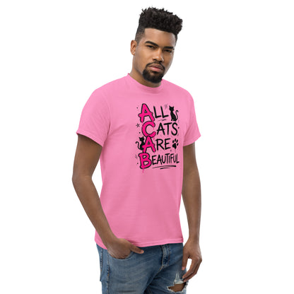 Man wearing a pink t-shirt with 'All Cats Are Beautiful' text and cat graphics on a white background