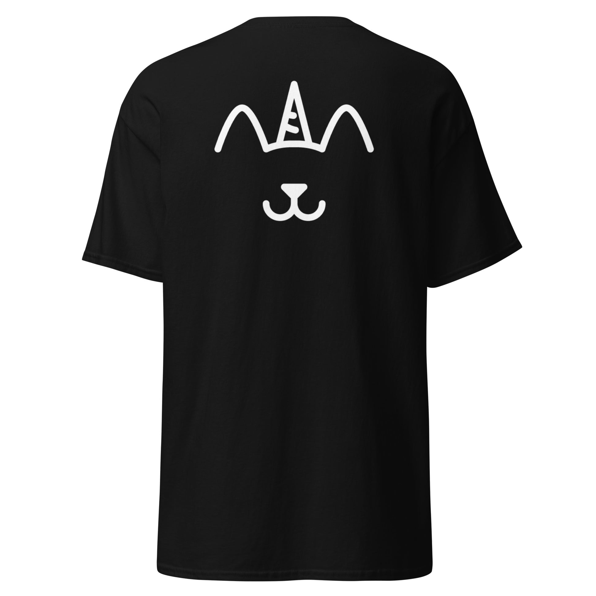 Black t-shirt with a white cat face design on the back against a white background