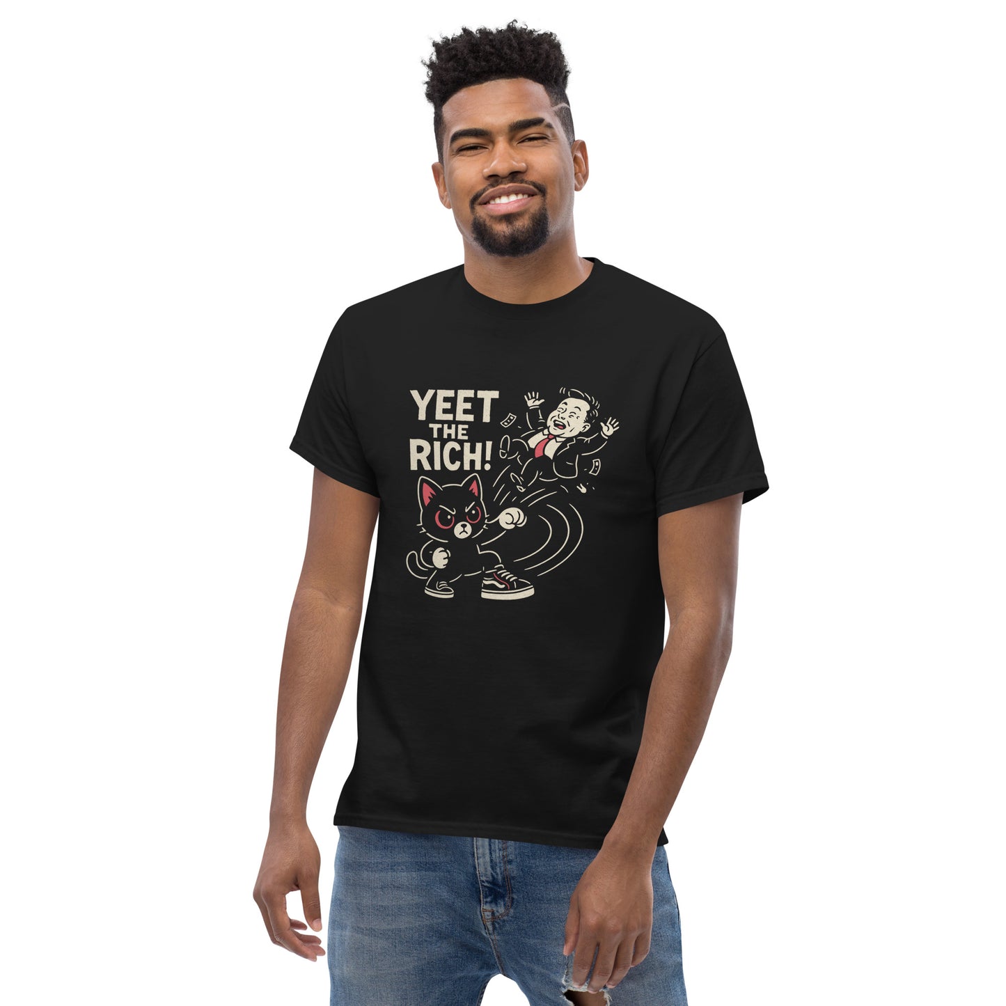 Man wearing a black t-shirt with graphic design and text on a white background