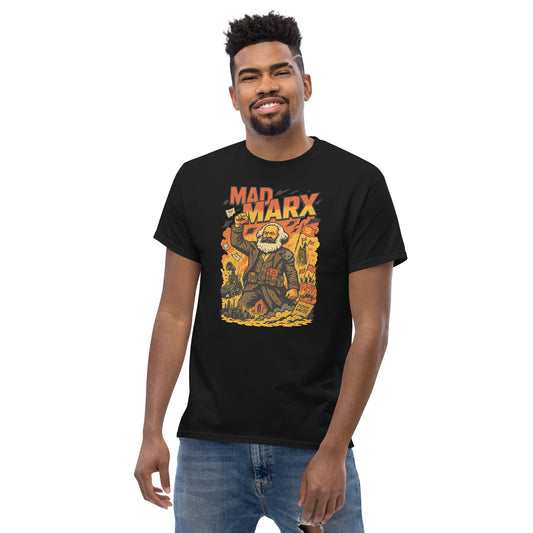 Man wearing a black t-shirt with a graphic design on a white background